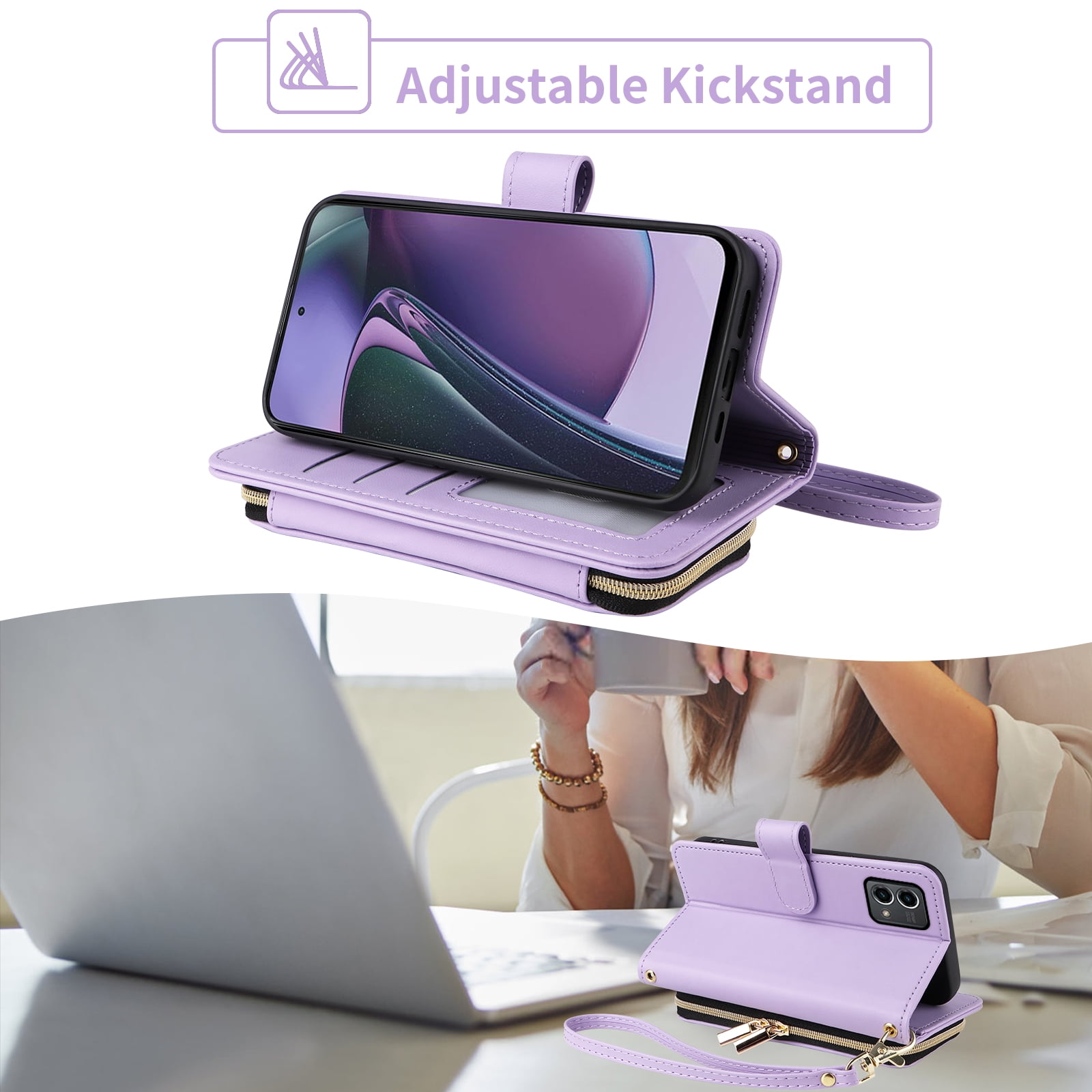 Furiet Argyle Wallet Case for Motorola Moto G Stylus 5G 2023 with Wrist/Shoulder Strap Card Slot Zipper Purse Luxury PU Leather Card Holder Stand Phone Cover for GStylus G5 XT2317DL Women Purple