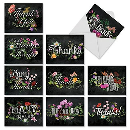 'M2358TYB CHALK AND ROSES' 10 Assorted Thank You Note Cards Featuring Chalkboard Styled Written Gratitudes Combined with Beautiful and Colorful Floral Sprays with Envelopes by The Best Card (Best Business Card Company)