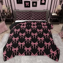 Feelyou Cartoon Bowknot Kids Bedding Comforter Set, Black Pink Bow Twin Comforter Sets, Dreamy Princess Style Reversible Bedding Set, Microfiber Bedroom Decor, 2-Piece