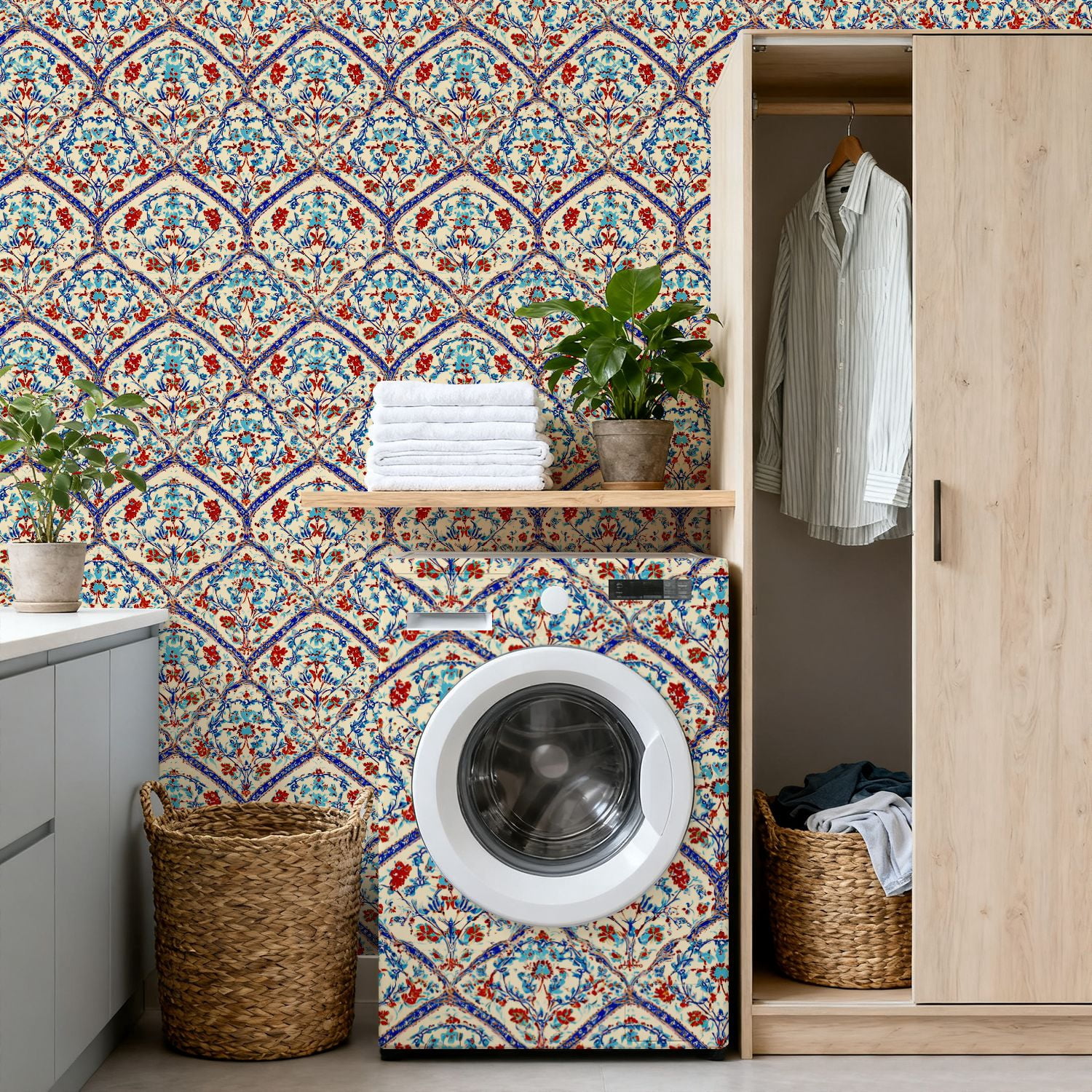 Peel and Stick Wallpaper Ornate Floral Blue Red Details Soft Beige Wall Mural 17.7in x 9.8ft Self Adhesive Removable Wall Paper Renter Friendly Wallpaper for Bedroom Livingroom Office