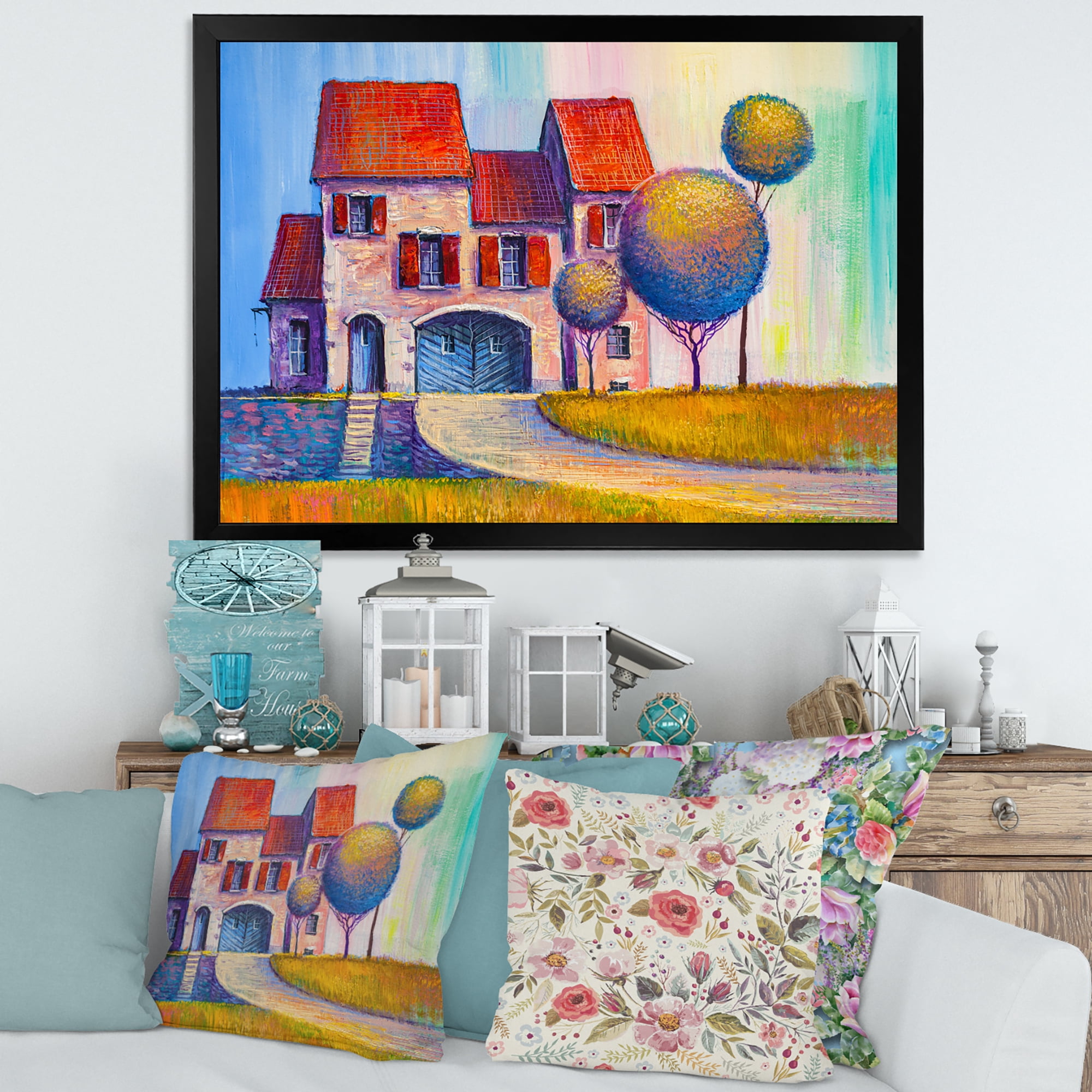 Designart 'A Red Roof House With In The Village' Modern Framed Art Print