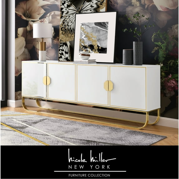 Nicole Miller Kenzington Sideboard with 4-Doors, White/Gold