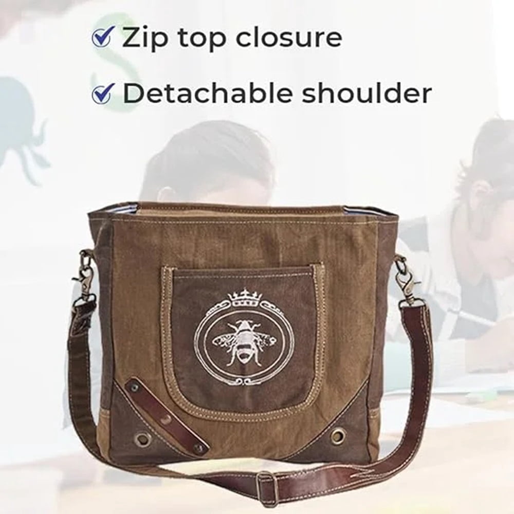 SAGEFINDS Queen Bee Messenger Bag | Upcycled Canvas Shoulder Purse for Women | Earth Friendly Tote | Adjustable and Detachable Crossbody Strap | Zip Closure | 12.25” x 12”