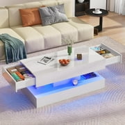 ChVans 39.37 White LED Coffee Table with 2 Storage Drawers, Modern High Gloss Coffee Table with 20 Colors LED Lights & APP Control, 2 Tiers Rectangle Coffee Table Large Living Room Furniture