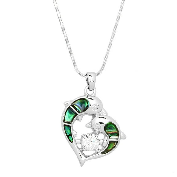 Dolphin Abalone Shell Pendant Necklace Rhodium Plated 17 Inch Snake Chain J0756