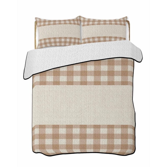 Quilts Full Size Bedding Set, Retro Brown Lightweight Quilted Comforter, Farmhouse Buffalo Plaid Vintage Beige Soft Reversible Bedspread Coverlet with Pillow Covers for All Season, 78" x 90"
