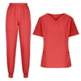 thumbnail image 2 of Pink Scrubs,Scrubs for Women Set, Stretchy V-Neck Top & Jogger Pants with Multi-Pocket Yoga Waistband - Vermilion - M, 2 of 4