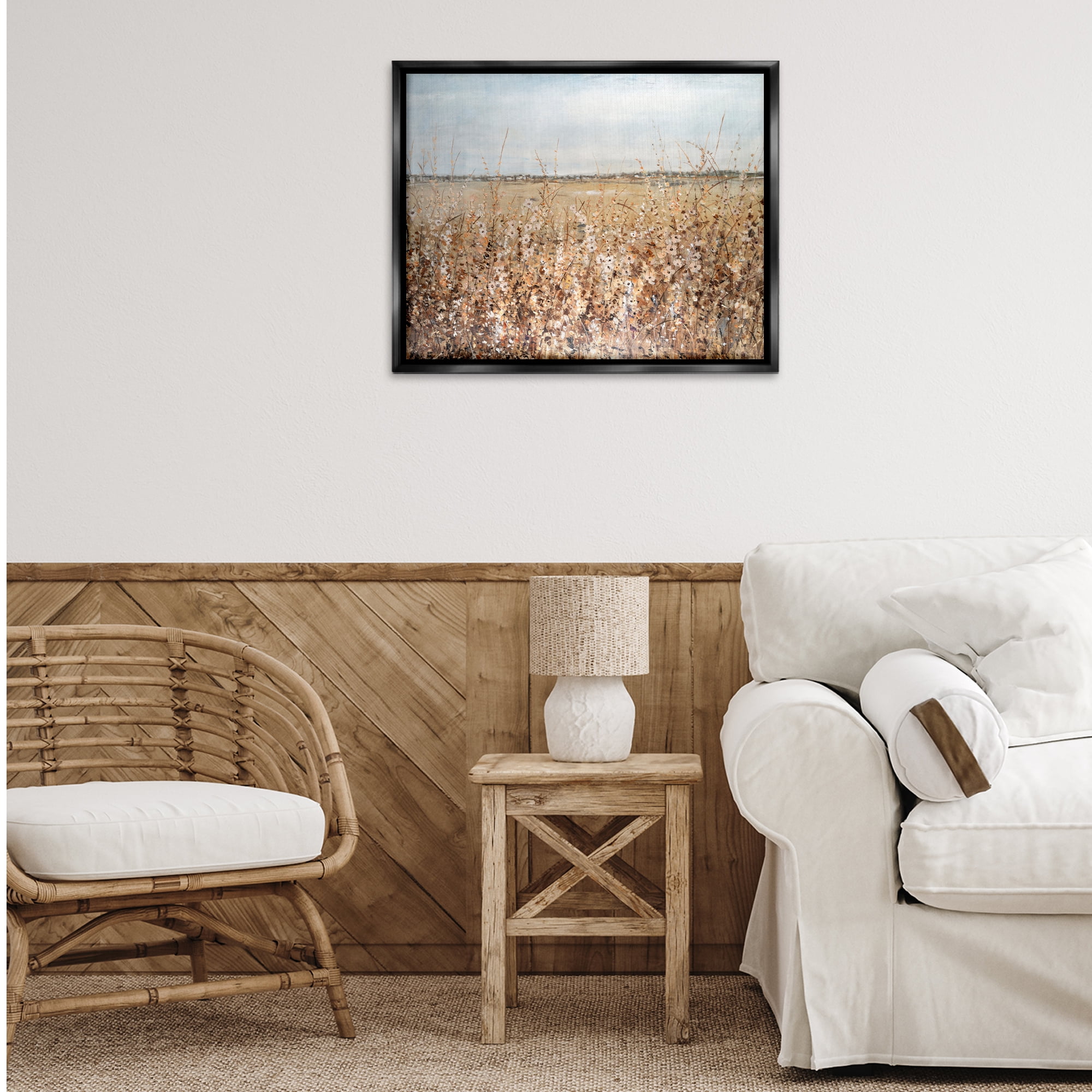 Stupell Industries Solemn Neutral Meadow Landscape & Nature Painting Black Floater Framed Canvas Art Print Wall Art, 31 x 25