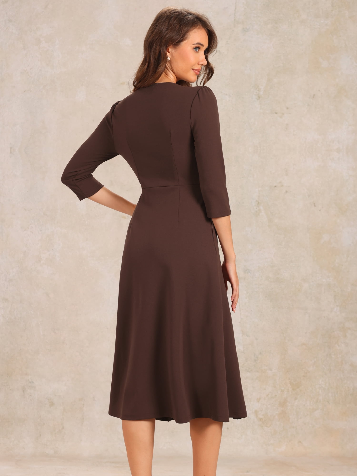 DARING DIVA Work Office Elegant 3/4 Sleeve V Neck A-Line Dress M Dark Brown