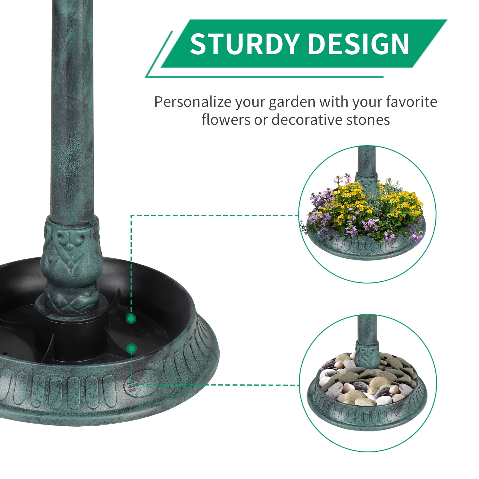 UBesGoo 42 Inch Bird Bath with Solar Light Dark Green