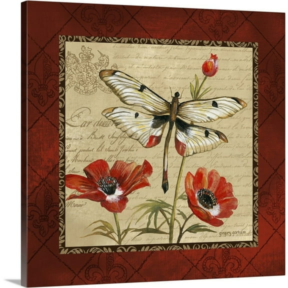 Great Big Canvas "Dragonfly And Poppies"  by Gregory Gorham Dark Forest Green Burgundy   Wrapped Canvas Print Wall Artwork