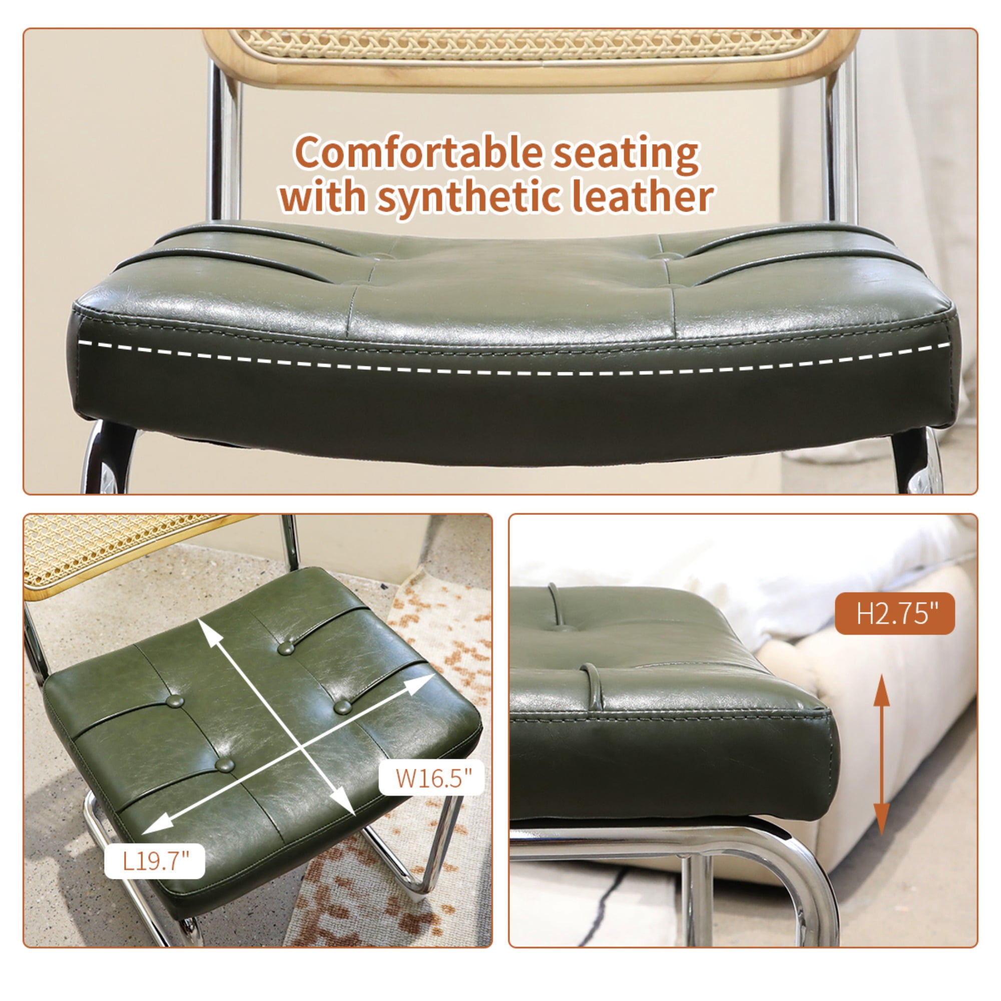 JXXRZ Rattan Dining Chairs Set of 2, Mid Century Modern Kitchen Side Chairs for Dining Living Room, Faux Leather Upholstered Dining Chairs, Green