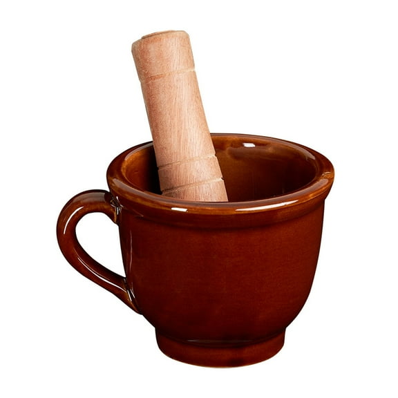 Ceramic Mortar and Pestle Set, Handmade Ceramic Pill Crusher, Spice Grinder, Herb Bowl, 5.2 inch Brown