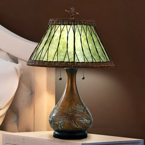 Luxury Mediterranean Tiffany Table Lamp, Large Size: 25''H x 17.5''W, with Craftsman Style Elements, Leathered Sienna Finish, UQL7027 from the Devon Collection by Urban Ambiance