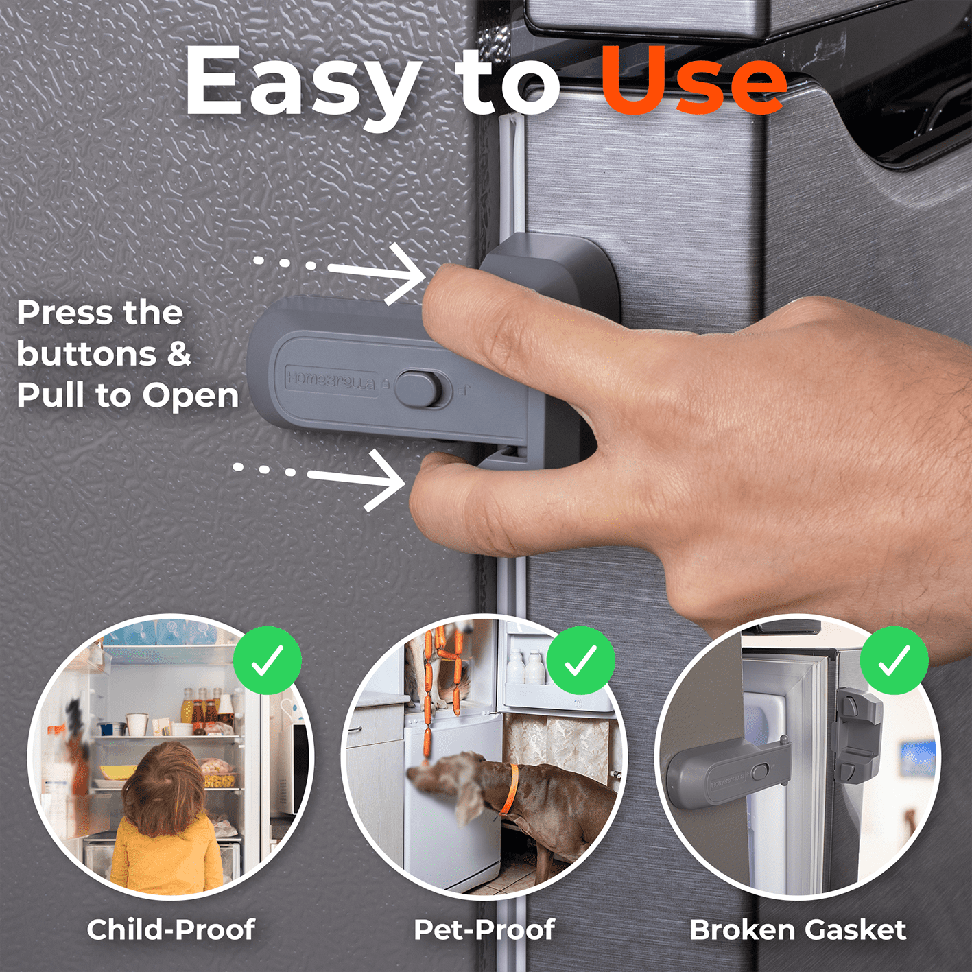 HomeBrella 2-Pack Child Proof Fridge Lock with Adhesive - No Tools Required - Refrigerator Lock for Kids - Freezer Latch to Keep Door Closed