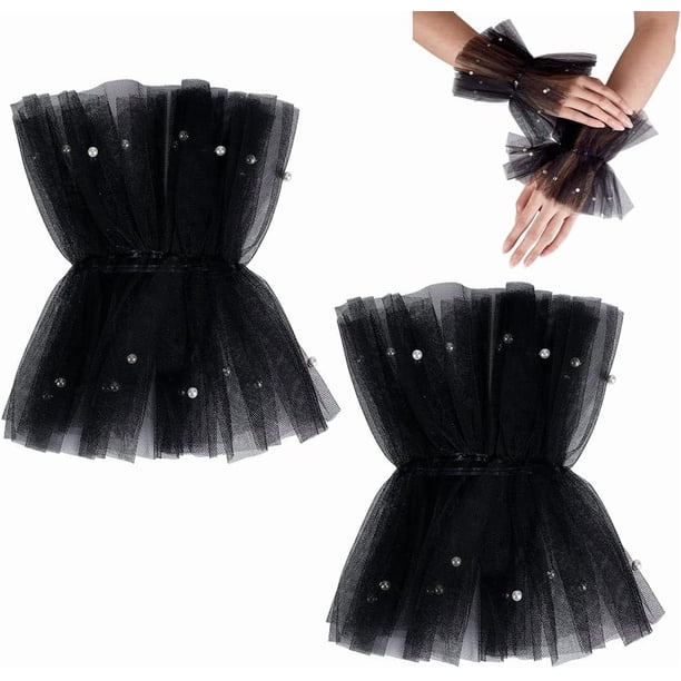 Guantes cortos de encaje sin dedos, de tul perlado, para boda, con puños para mujer, para mascarada, fiesta de bodas