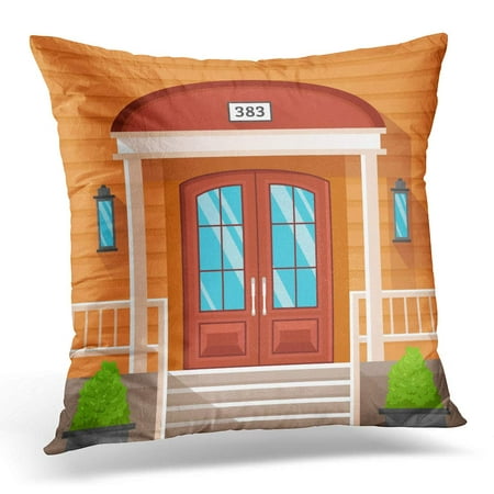 ECCOT Front Door of House Decorated by Beige Siding with Porch Terrace Plants in Tubs and Lanterns at Wall Flat Pillowcase Pillow Cover Cushion Case 16x16