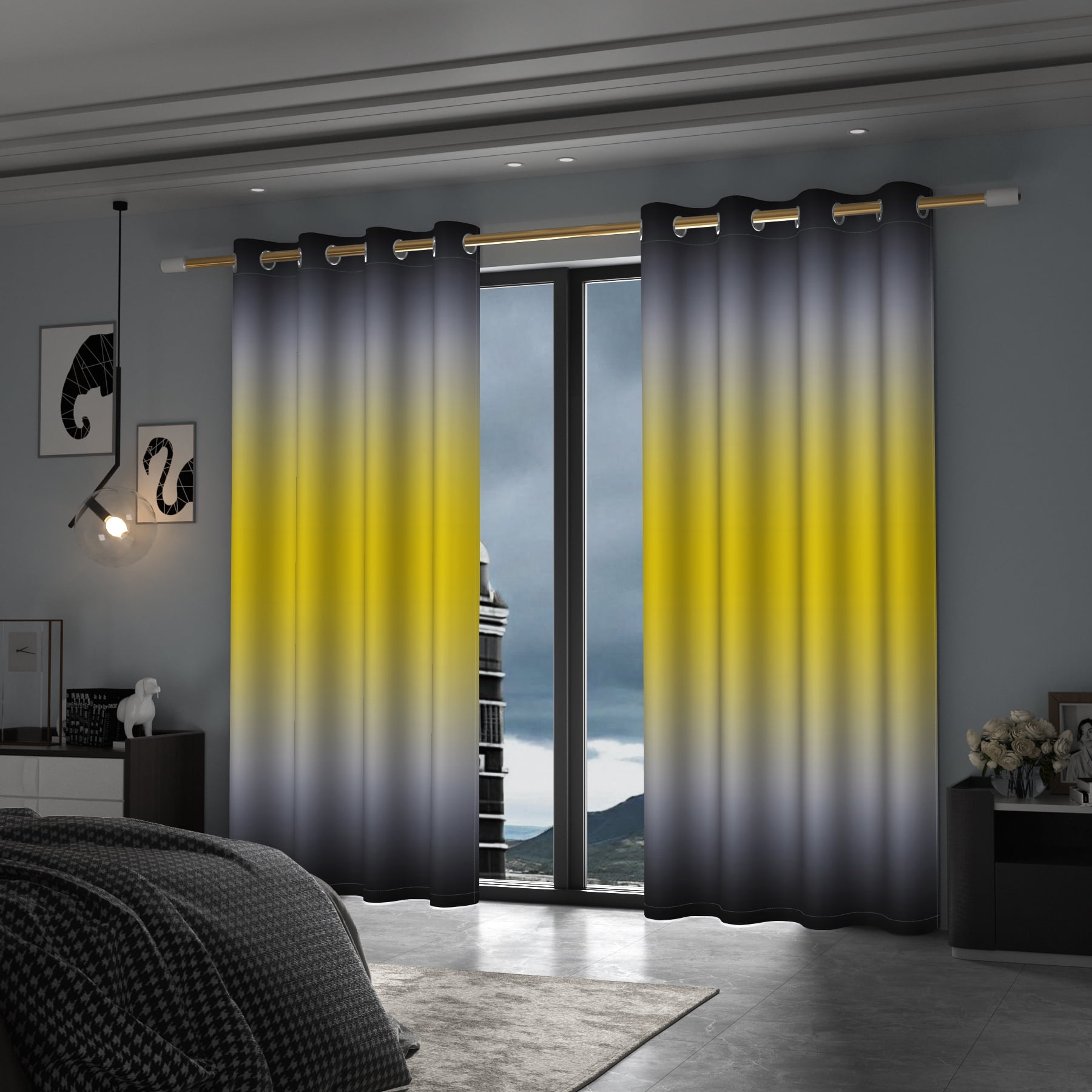 Lfeey Living Room Blackout Curtains, Black Yellow Gradient Color Bedroom Decorative Privacy Curtains Drapes, 42x72 Inches, 2 Panels