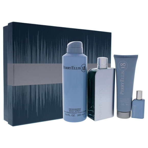Aerosol EDT de 3.4oz, Aerosol EDT de 7.5ml, Aerosol corporal de 6.8oz, Jabón corporal y para el cabello de 3oz Perry Ellis Perry Ellis Perry Ellis 18 Perfume Set de regalo Caballero 4Pc Set
