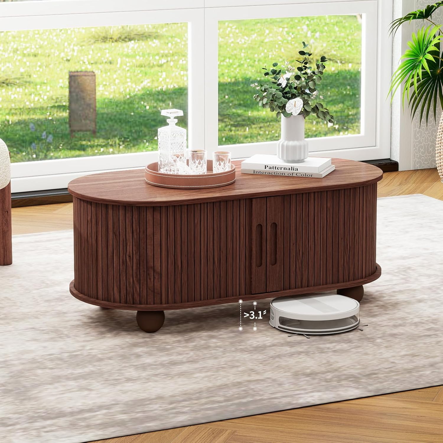 LFGUIZO 39.98” Oval Coffee Table with Hidden Storage, Mid-Century Modern Fluted Wood Coffee Table with 360° Sliding Doors, Solid Wood Legs, Walnut Center Table for Living Room