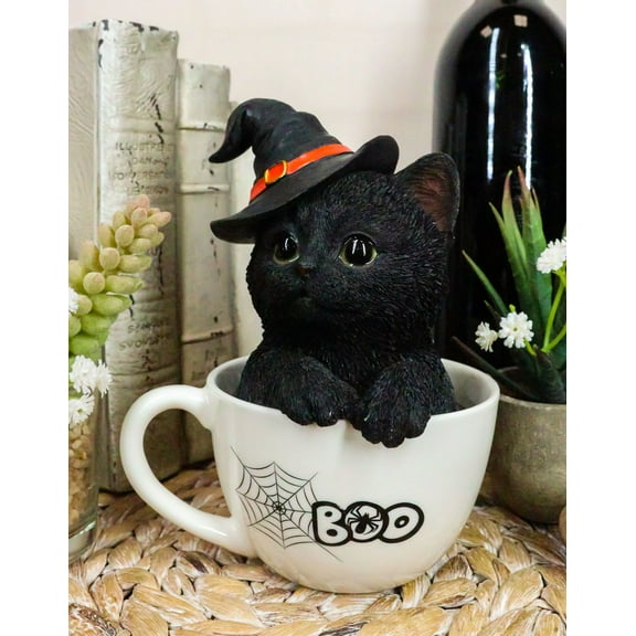 Witching Hour Halloween Black Cat with Witch Hat In Tea Cup Pet Pal Figurine