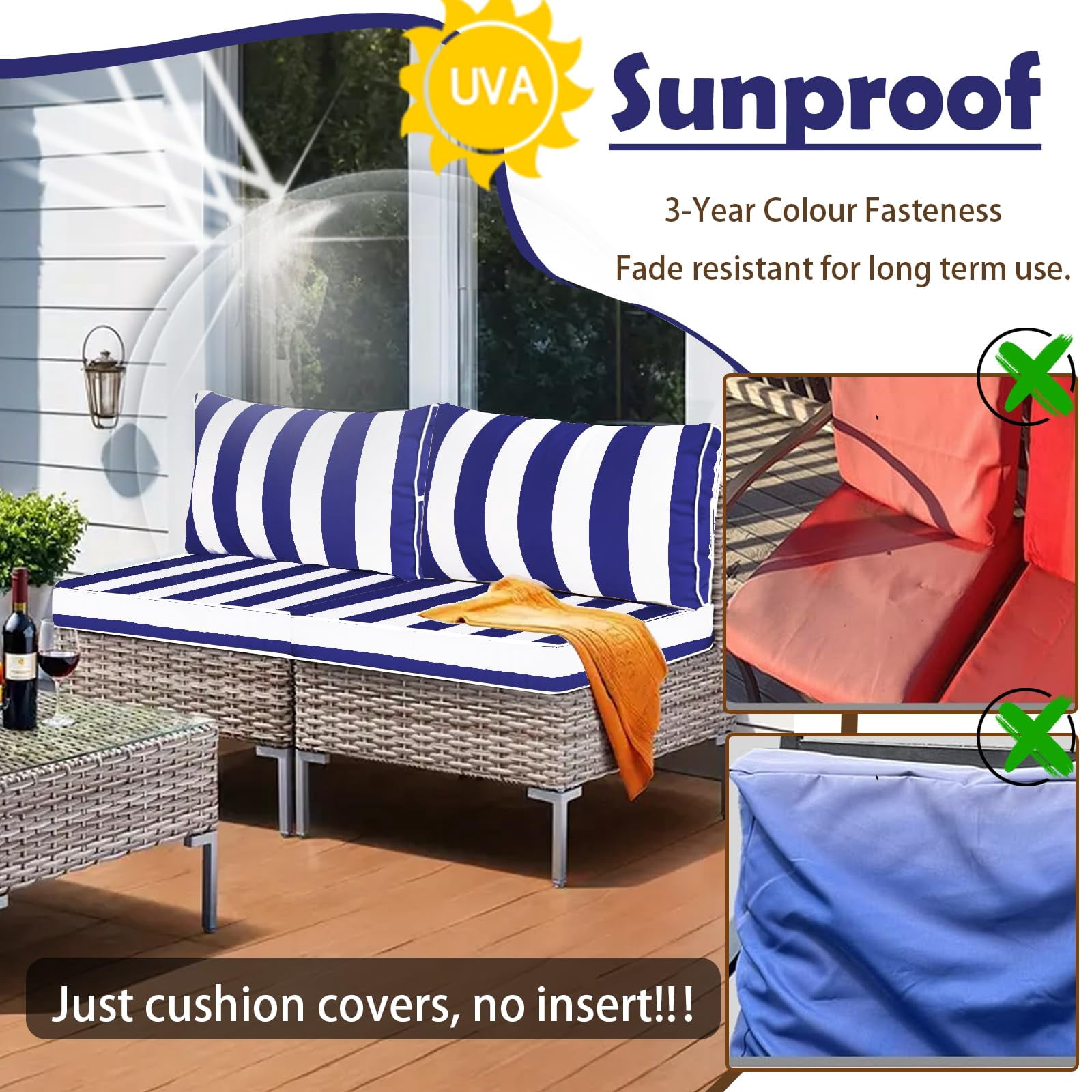Outdoor Loveseat Cushion Set, 48 x 24 inch, Water Repellent Patio Furniture Cushions Replacement with Removable Cover(Blue White Stripe)