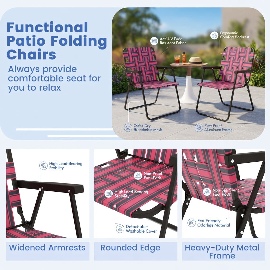 Hommoo 4-Pack Foldable Beach Chairs for Camping, Lawn & Outdoor Use, Heavy-Duty Steel Frame, Fade-Resistant PE Webbing, Portable & Easy Setup, Red