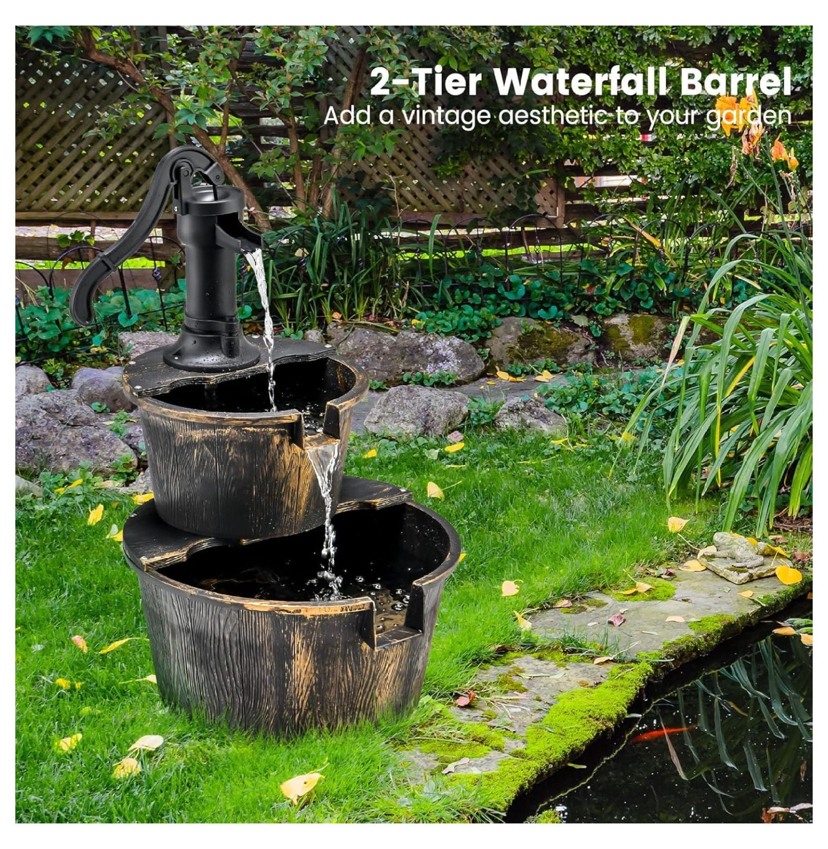 Water Fountain Outdoor, 2-Tier Water Feature Decor with Electric Pump, Freestanding Cascading Waterfall Fountain for Garden Patio Backyard Decor or Porch