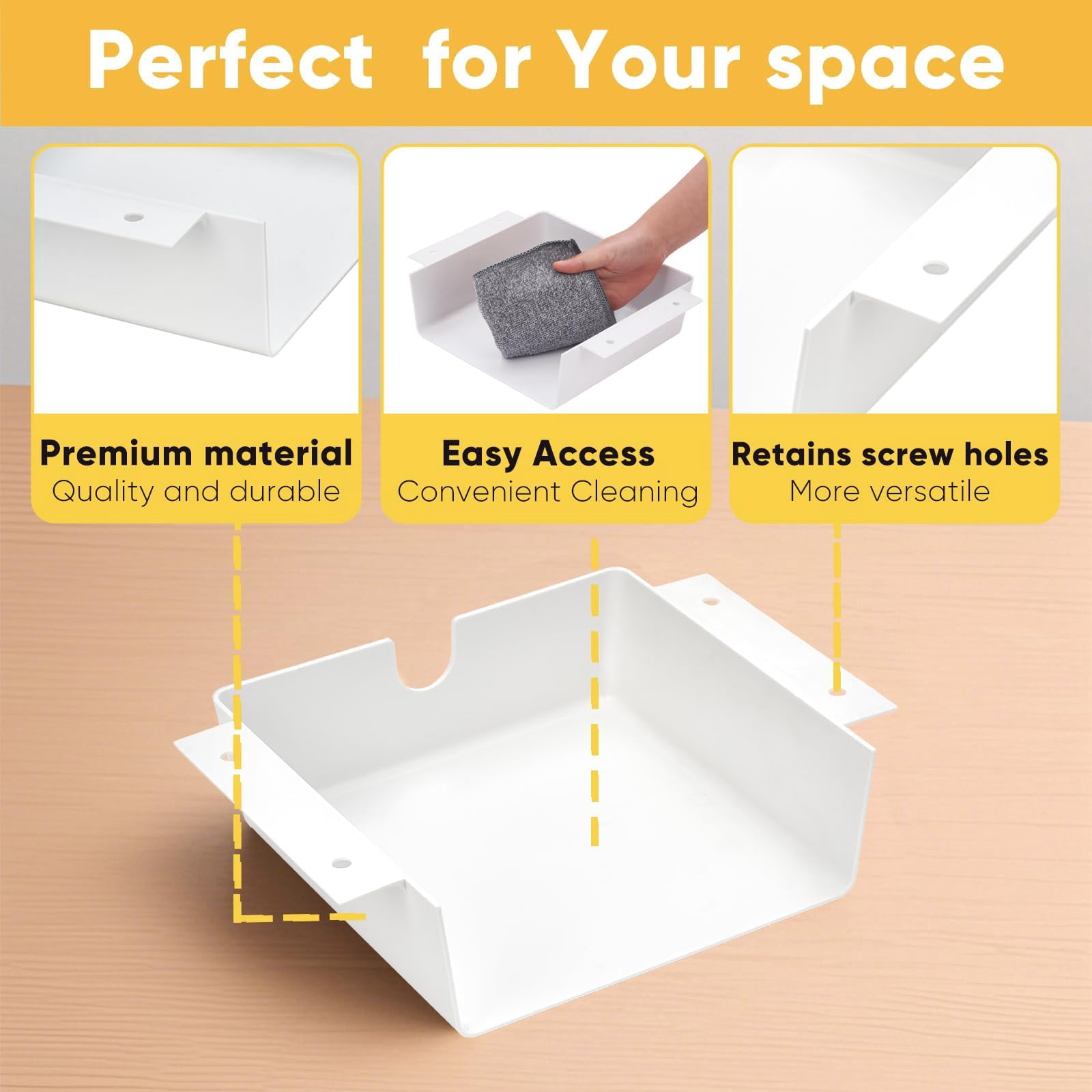 4 Pack Under Desk Hanging Shelf Drawer Organizer  Attachable Plastic Storage Tray Easy Adhesive Mount Holder For Standing Tables Office Counters Cabinets Workstations - White