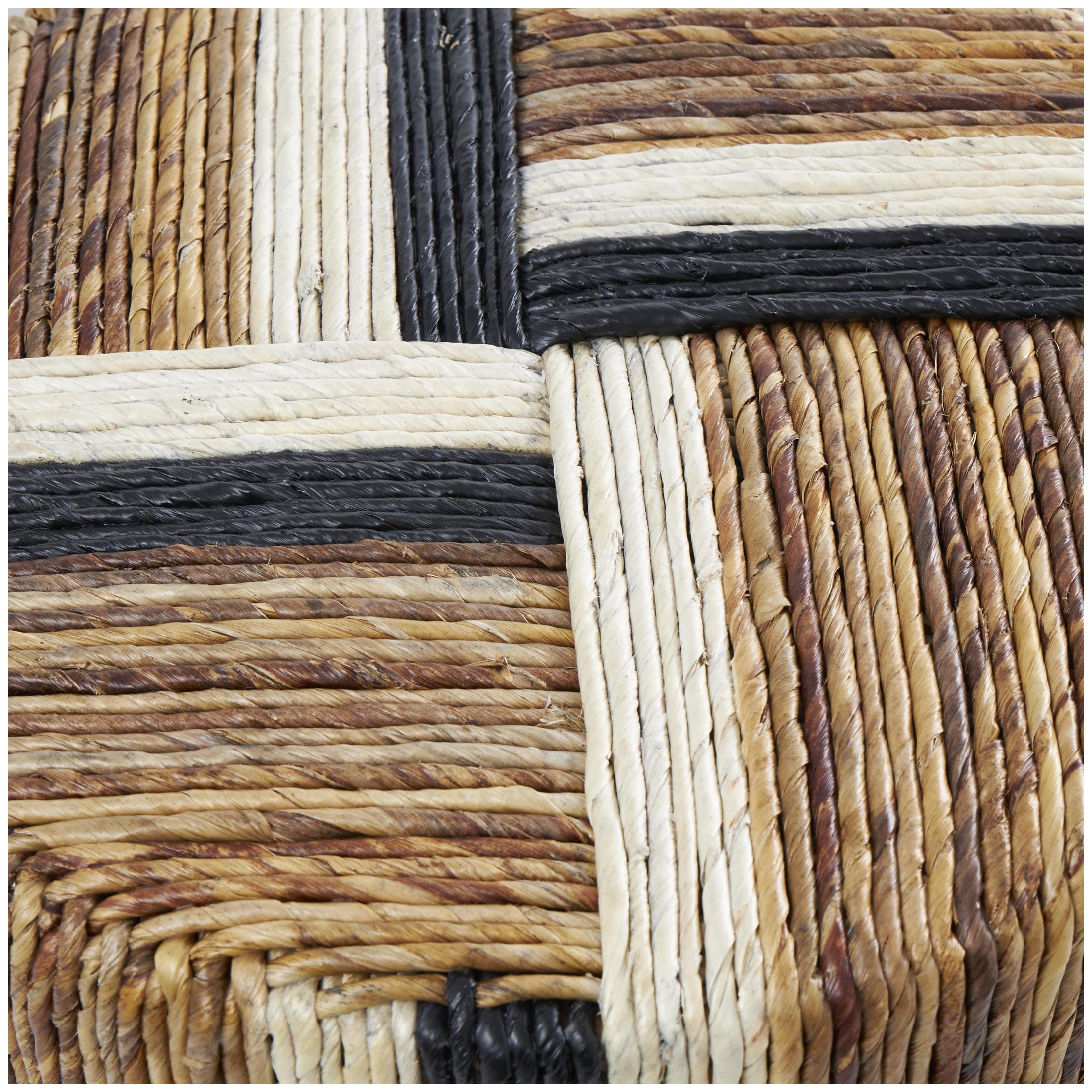 DecMode 16" x 18" Brown Banana Leaf Handmade Linear Wrapped Drum Accent Table with Cream and Black Stripes, 1-Piece