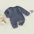 thumbnail image 3 of Toddler Baby Rompers Solid Color Knit Casual Button Crew Neck Long Sleeve Jumpsuit for Newborn Girl Boy, 3 of 8