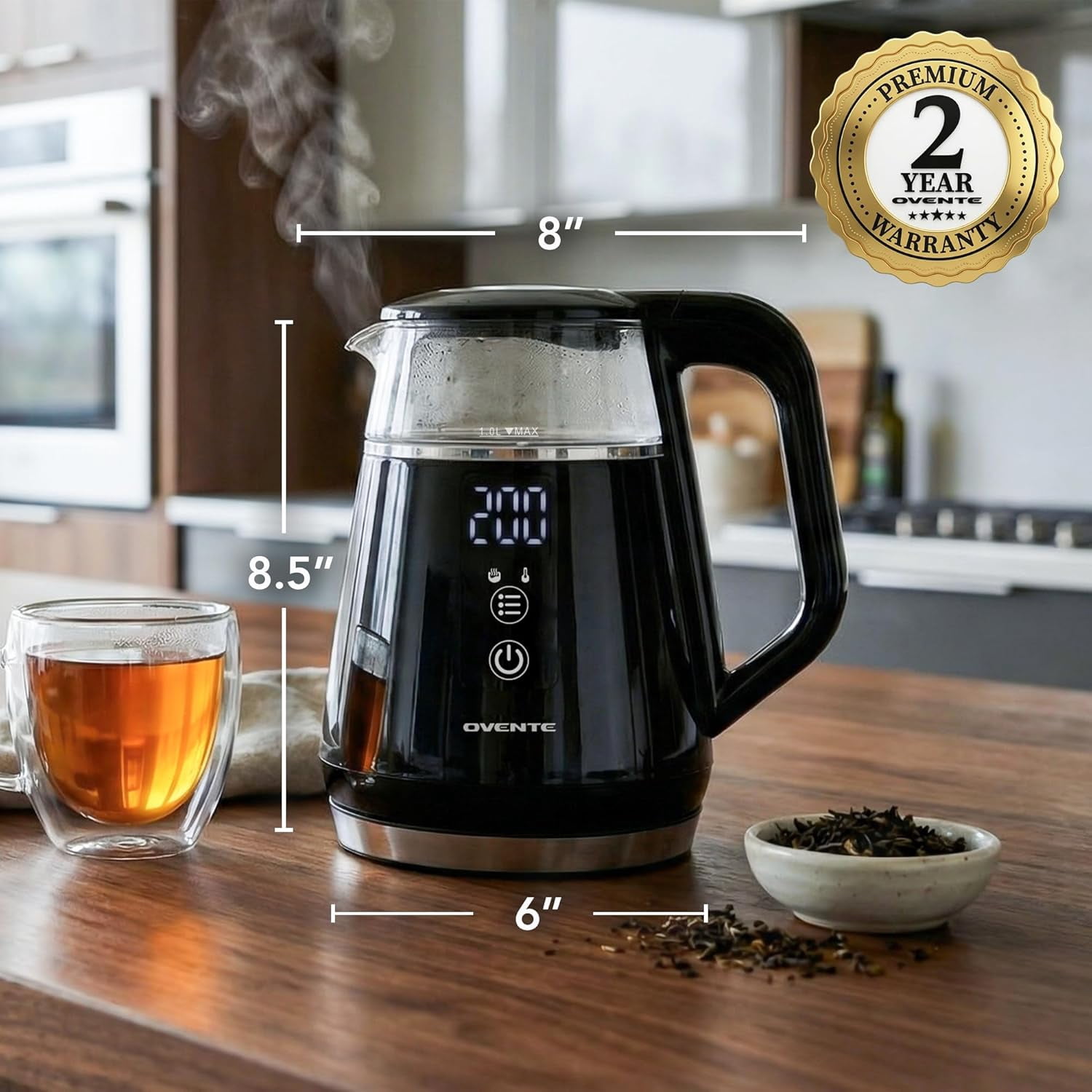 OVENTE 1L Small Electric Kettle with 5 Temperature Preset, Digital Display, 5Hr Keep Warm, Auto Shut-Off, Double-Wall Cool Touch Exterior, Borosilicate Glass,1500W BPA Free Water Boiler, Black KD95B