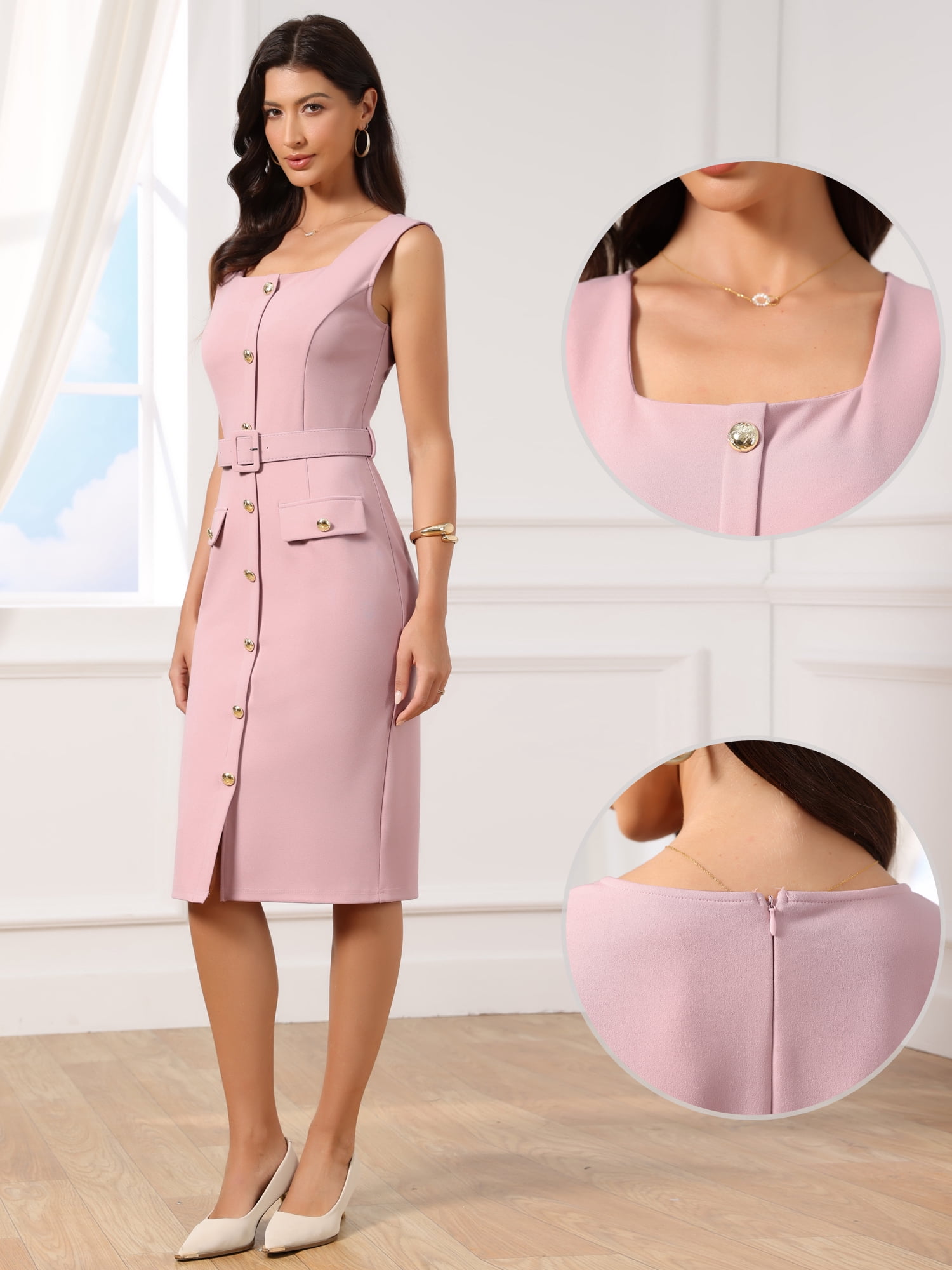 DARING DIVA Women's Sleeveless Square Neck Formal Belted Office Bodycon Dress L Pink