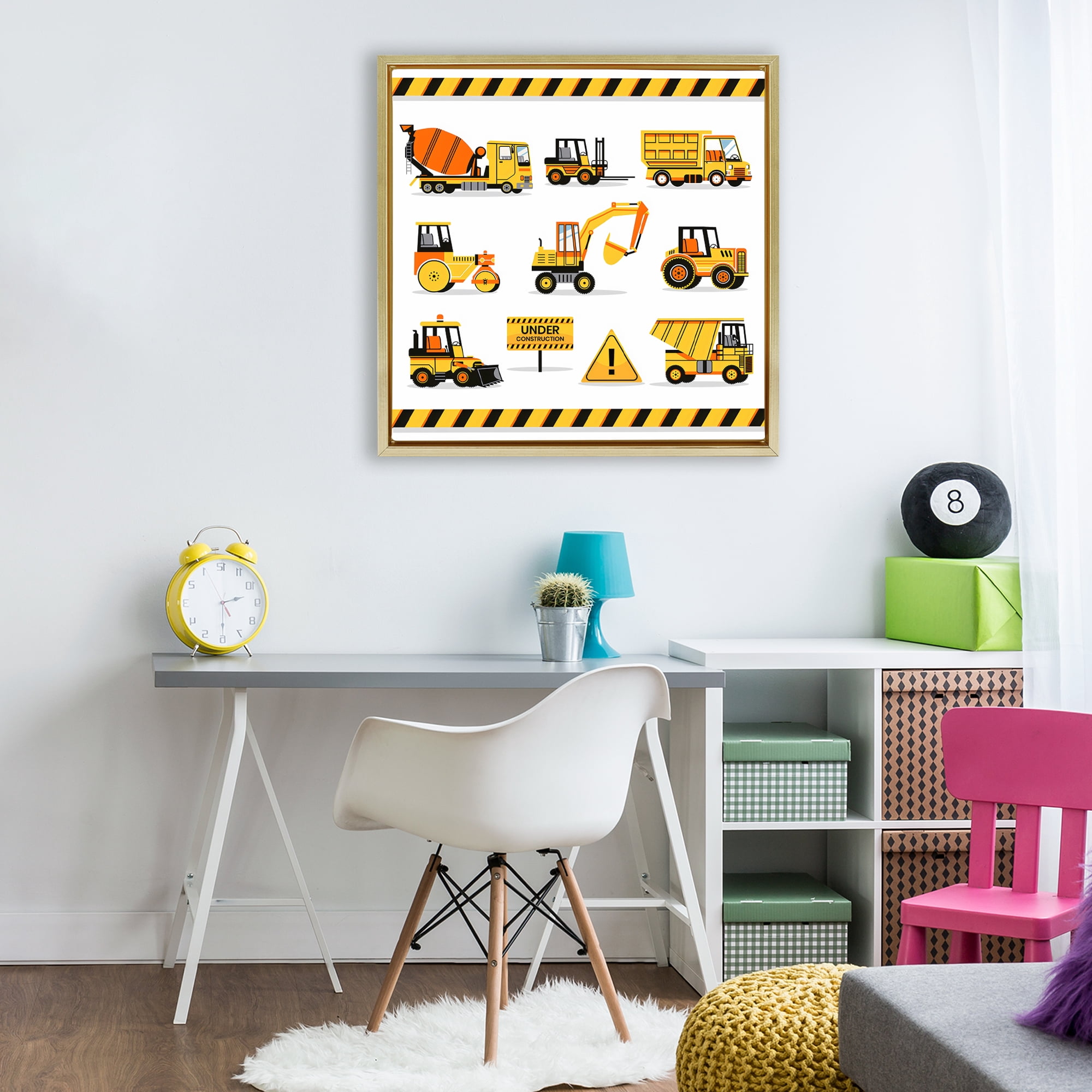 Stupell Industries Construction Vehicles with Warning Gold Framed Floater Canvas Wall Art, design by Creative Studio
