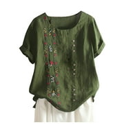 Ruziyoog Plus Size Women Bohemian Floral Embroidered Shirt Plus Size Graphic Tees for Women Short Sleeves Top Blouse for Summer Army Green