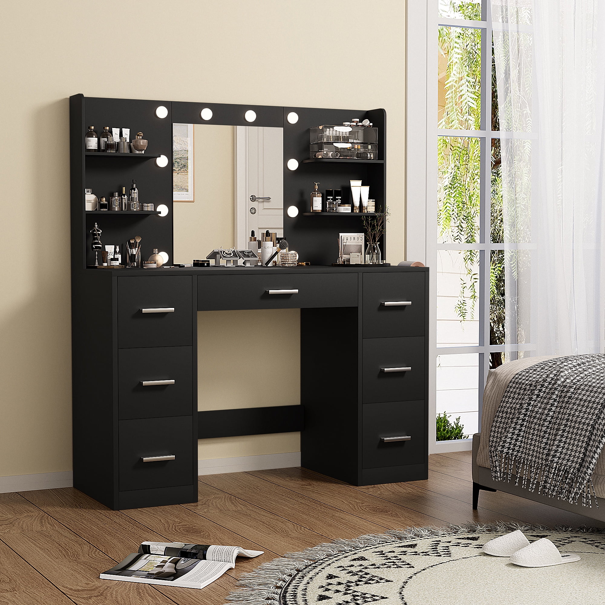 Vineego Makeup Vanity Desk with Mirror, Lights & Power Outlet Vanity Table with 7 Drawers and 6 Storage Shelves for Bedroom, Black