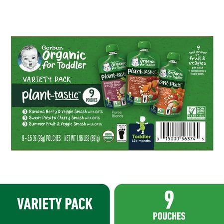 Gerber Organic Plant-tastic Toddler Food Variety Pack, 3.5 oz Pouches (9 Pack)