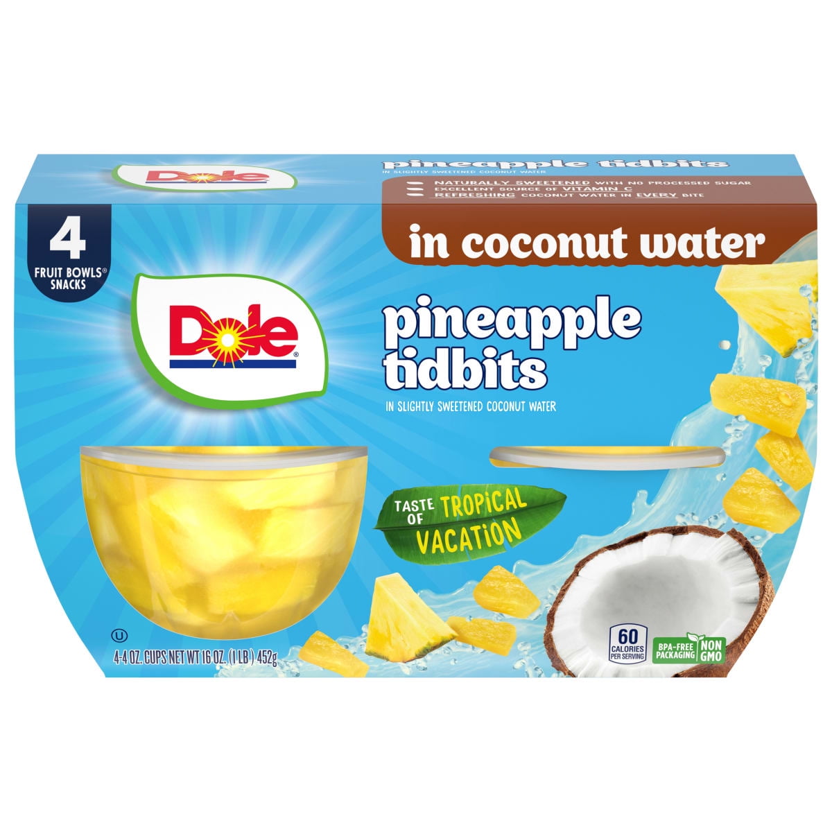 (6 pack) Dole Fruit Bowls Pineapple Tidbits in Coconut Water*, 4 oz Cups (4 Pack)