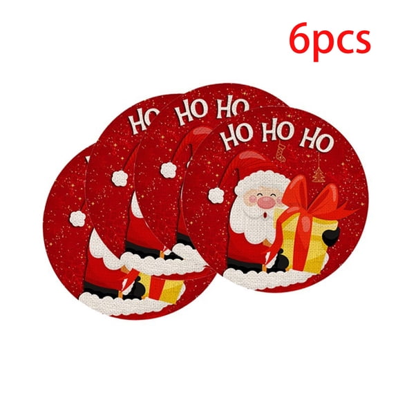 Trovenix 2D Flat Round Christmas Placemats Holiday Printed Table Mats Winter Decorative Cushion For Home Kitchen Dining Table Party 6Pcs