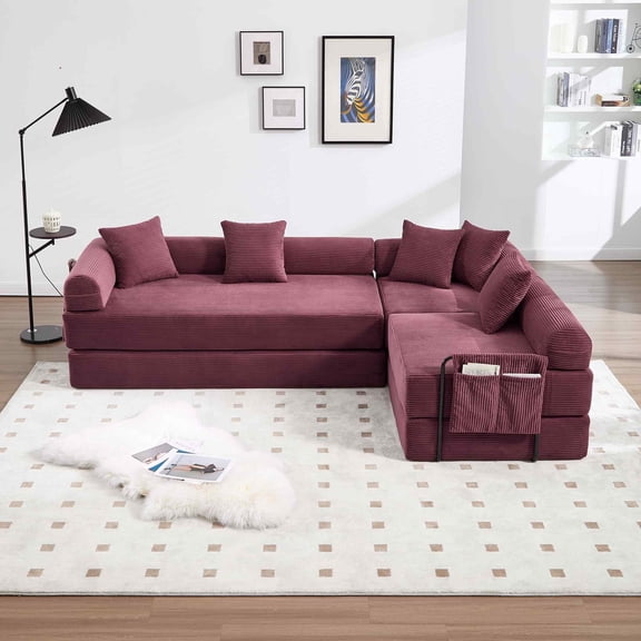 Timbernest 106" Oversized L-Shaped Cloud Couch, Convertible Sleeper Sofa, Folding Corduroy Sofa Bed for Living Room, Wine Red
