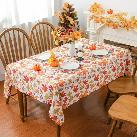 Fall Tablecloth 60 x 84 Inch, Fall Decorations for Home Waterproof Leaves Fall Table Cloths Seasonal Thanksgiving Decor Scallop Edge Table Cover Dining Table Decorations