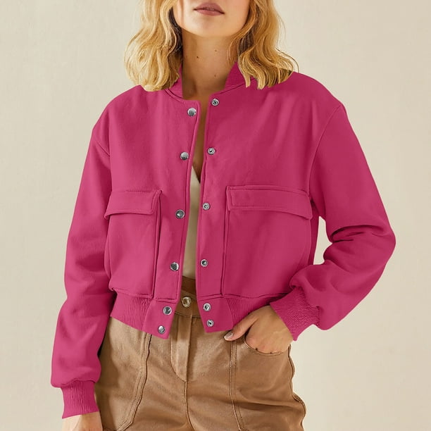 HongQid Women's Bomber Jackets Winter Trendy Varsity Jackets Shackets Button Down Cropped Coats with Pockets