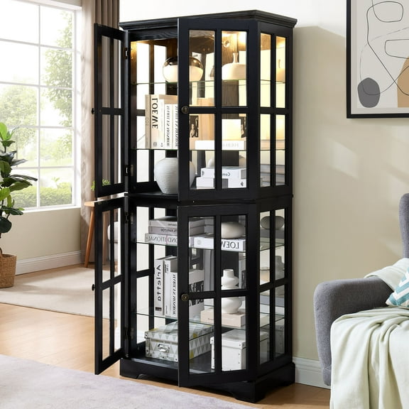 S-HOME Antique Display Cabinet with Glass Doors and Adjustable Shelves for Collectibles Four Door Showcase