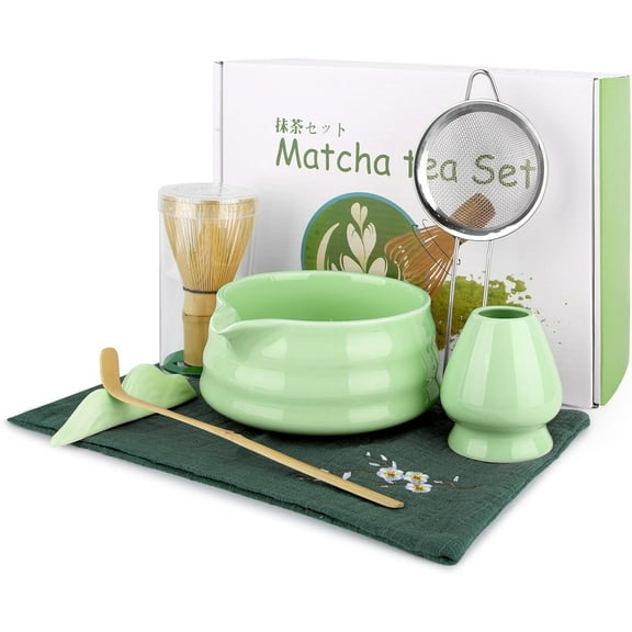 7-Piece Matcha Tea Set – Japanese Matcha Kit with Ceramic Bowl, Bamboo Whisk & Holder, Scoop & Rest, Sifter, and Tea Towel – Gift for Matcha Lovers (Light Green)