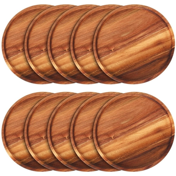 Rtteri 10 Pieces Acacia Round Wood Plates 12 x 0.6 Inch Dinner Plates Wooden Charger Platter Bulk Easy Cleaning Lightweight Serving Tray for Dishes S