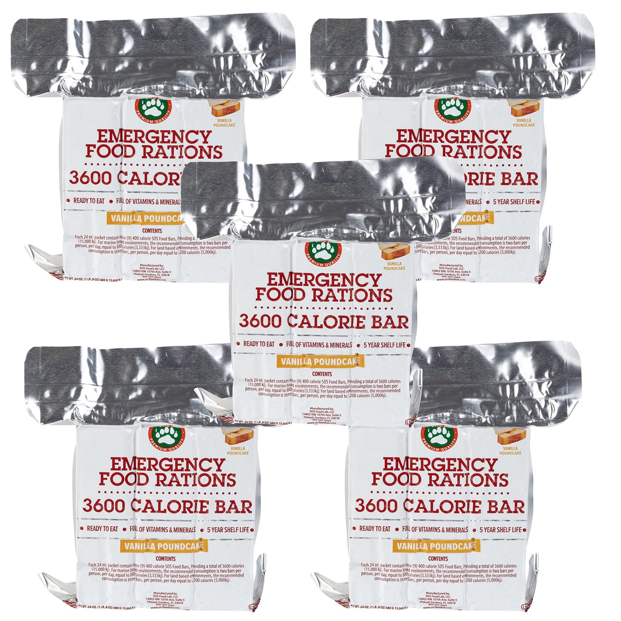 Grizzly Gear Emergency Food Rations- 3600 Calorie Vanilla Pound Cake Bar (5 Pack) - 15 Day, 360 Hour Value Supply For Disaster, Hurricane - Less Sugar, More Nutrients - 5 Year Shelf Life