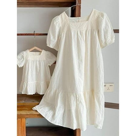 

DanceeMangoo Summer New Baby Girl Short Sleeve Bodysuit Fashion Girls Puff Sleeve Princess Dress Embroidery Mother And Daughter Clothes