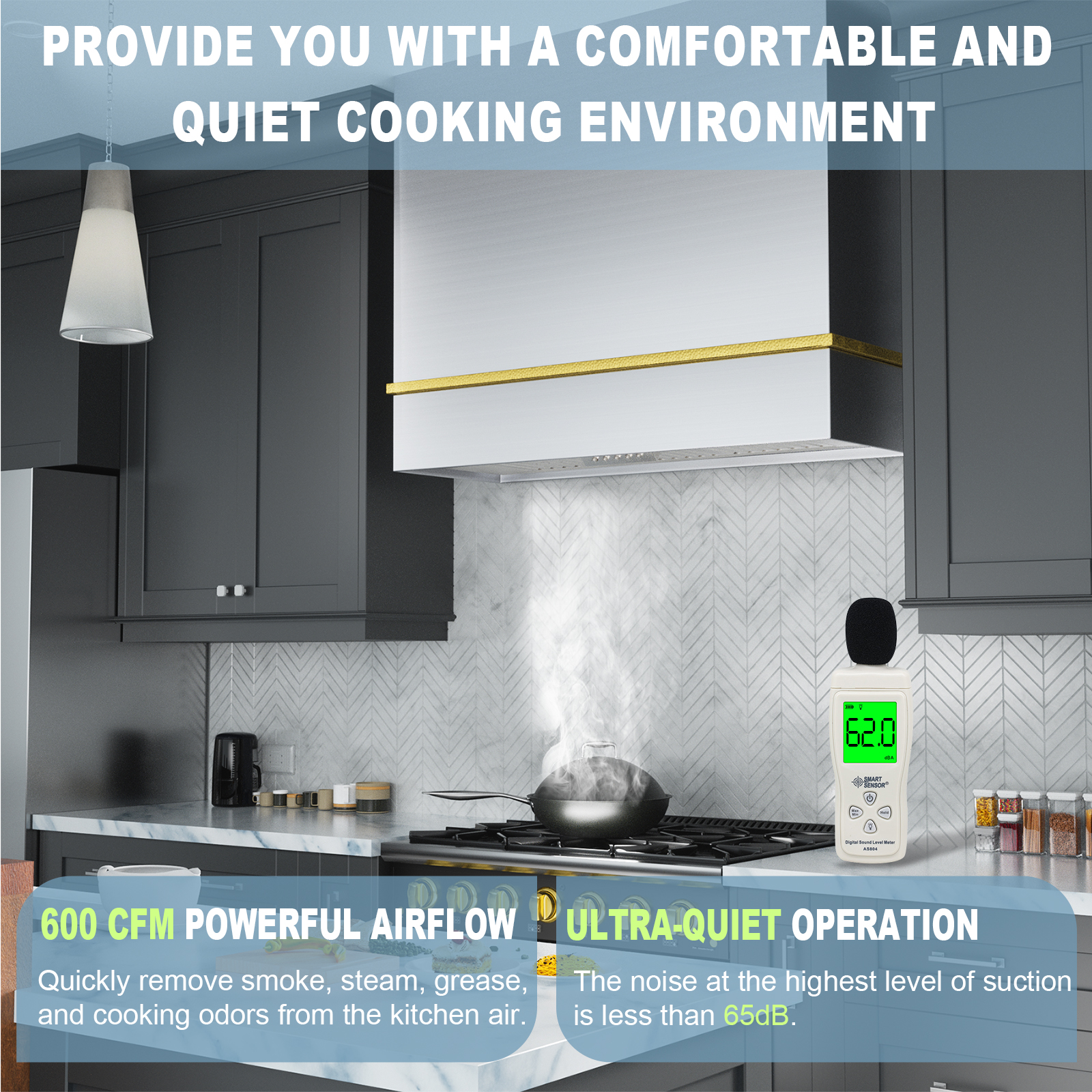 Akicon Range Hood 36 Inch, 600 CFM Stainless Steel Vent Hood with Powerful Range Hood Insert, Modern Square Kitchen Hood with 3 Speed Control, LED Lights, Baffle Filters, Wall Mounted (AK-HS36HA-BSC)