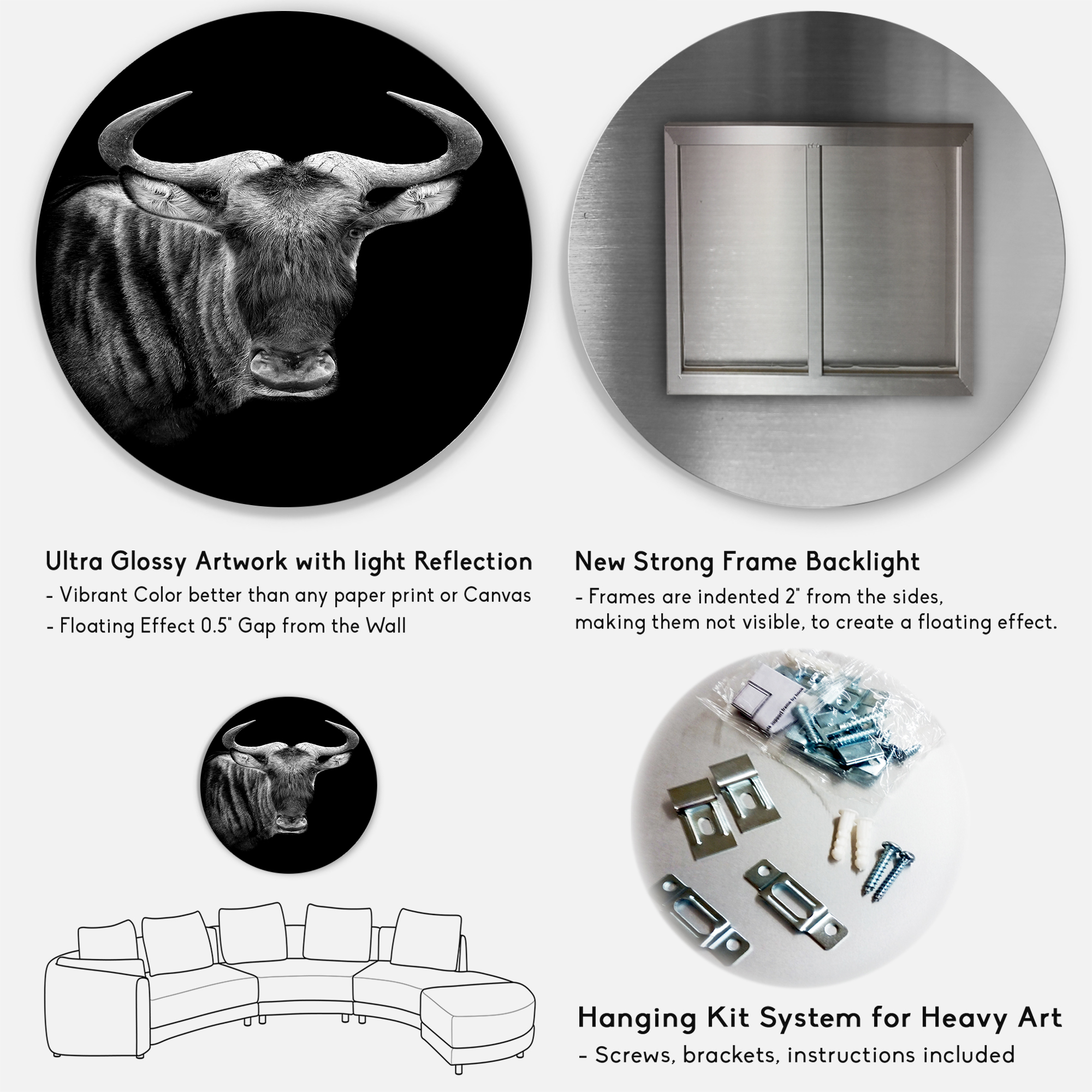 Designart 'Black and White Portrait Of Wildebeest' Farmhouse Circle Metal Wall Art 36x36 - Disc of 36
