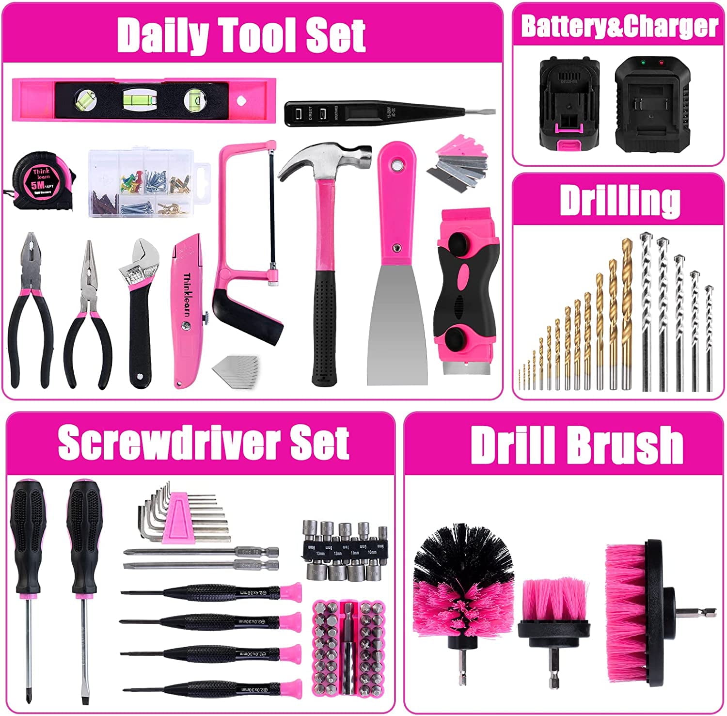 Pink Tool Set, 205 Piece Home Tool Kit with 3.6V Electric Screwdriver and Universal Sockets Tools, Pink Tool Kit with Storage Tool Bag, Tool Sets for Women, for Gift, Home Repair, Dorm